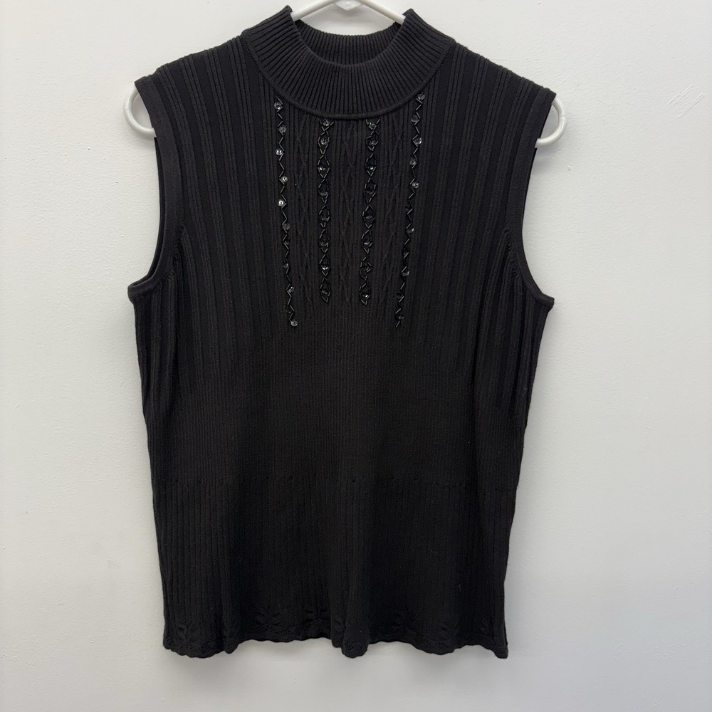 RQT Petite PXL Black Ribbed Mock Neck Sleeveless Beaded Knit Sweater Top